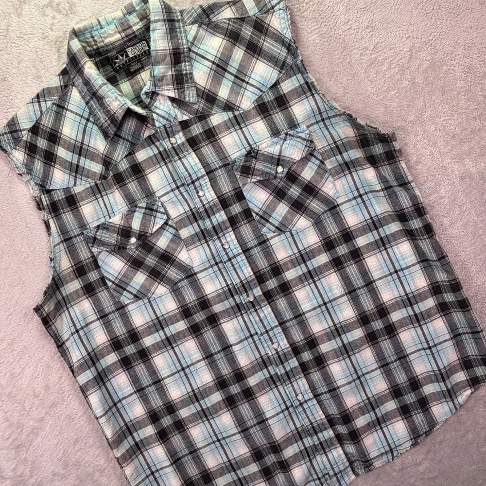 Canyon Guide Mens Sleeveless Sz XL Blue Plaid Pearl Snap Western Vest Shirt